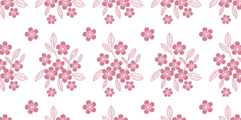 Seamless pattern of pink flowers and leaves on a white background design