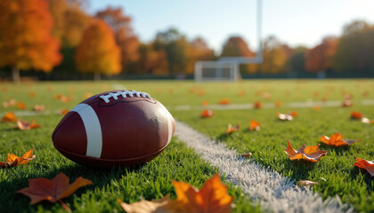 American football rests on green grass field with fallen autumn leaves. Stadium goal posts in background. Sunny day, warm lighting shows fall season sports beginning.