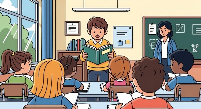 A boy reads aloud from a book to his diverse classmates at desks, with a female teacher watching in classroom - Powered by Adobe
