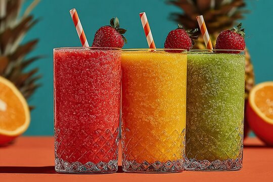 Three glasses of colorful smoothies with straws and strawberries on an orange surface and blue background - Powered by Adobe
