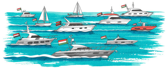 A watercolor illustration of sumud flotilla naval fleet, boats  and yachts with colorful  sailing on a vibrant turquoise ocean.