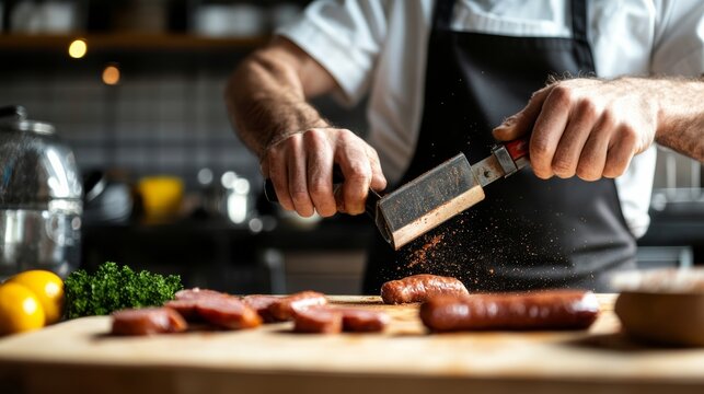 Slicing fresh meats in a culinary studio food preparation modern kitchen close-up action shot culinary arts
