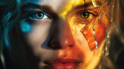 Woman displaying bipolar disorder with two overlapping faces representing emotional conflict and inner struggle