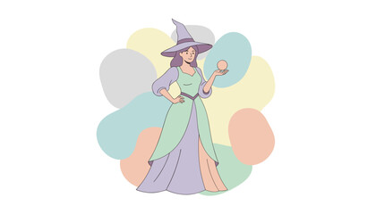 Elegant witch in a pastel dress and hat holding a glowing orb amidst soft abstract shapes