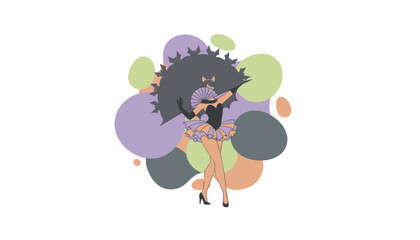 Fashionable woman in a bat costume with a fan celebrating Halloween or a themed party