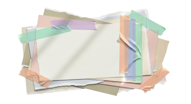 Layered paper scraps in beige, pink, and white with colorful masking tapes, pastel collage aesthetic, torn edge realism, soft shadows and highlights, isolated element for scrapbook design