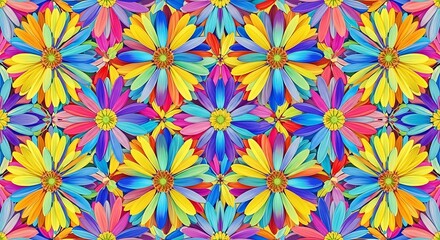 Kaleidoscopic floral fiesta: A vibrant explosion of multi-hued daisy patterns creating an enchanting and cheerful design