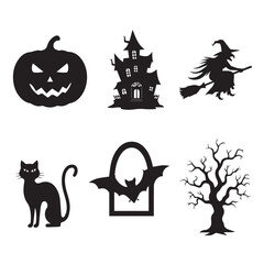 Fototapeta premium Halloween silhouettes set of pumpkin, cat,witch,catsal,bat,tree vector silhouette design, isolated background set of 6