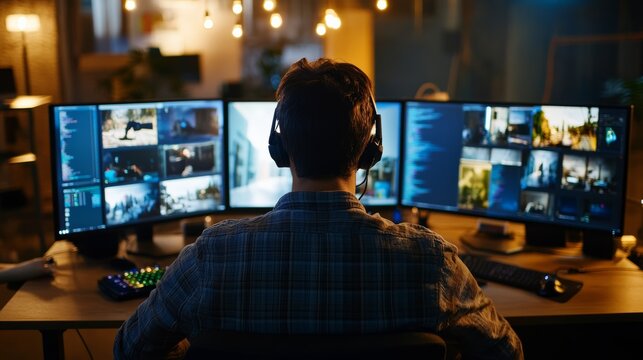 Engaging in multitasking gaming a gamer’s hub with multiple monitors home office digital workspace nighttime immersive gaming experience