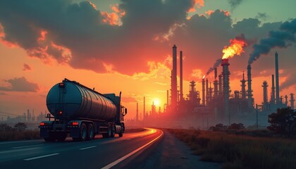 Tanker truck transports fuel on highway at sunset. Oil refinery plant processes petroleum. Industrial landscape with chimneys, smoke emissions. Energy production, transport, distribution. Fossil