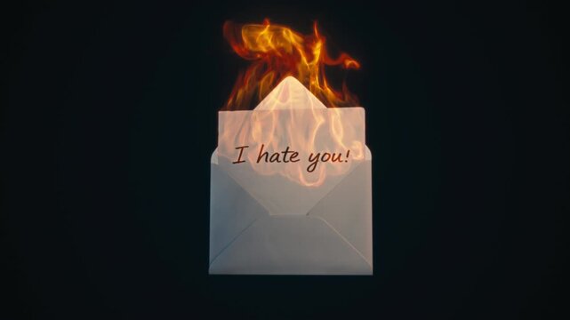 3D animation of an envelope revealing a handwritten &ldquo;I hate you&rdquo; note that bursts into flames, symbolizing anger, breakup, revenge, and emotional conflict in relationships or life struggles.