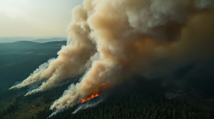 Fototapeta premium Wildfire ravaging forests in the mountains aerial view nature disaster smoke plume and flames environmental impact