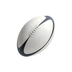 A close up of a white and gray rugby ball with laces isolated on a Transparent background studio shot