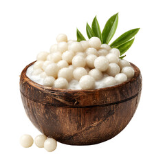 Sago pearls in coconut milk bowl, white isolated background