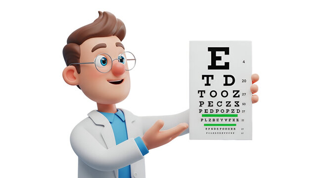 3d icon of cartoon ophthalmologist holding an eye chart isolated on transparent background doctor showing eye test