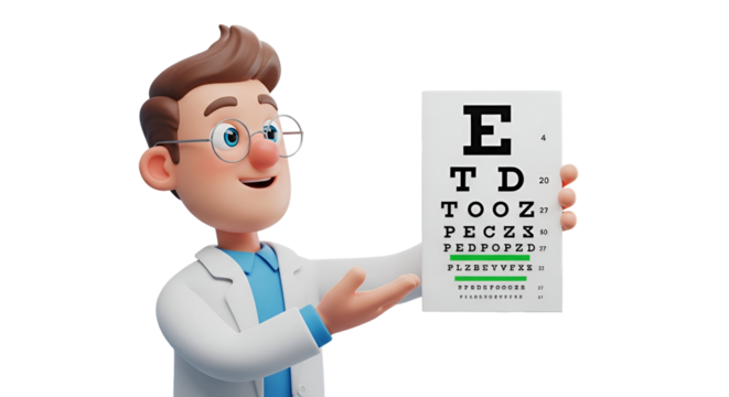 3d icon of cartoon ophthalmologist holding an eye chart isolated on transparent background doctor showing eye test