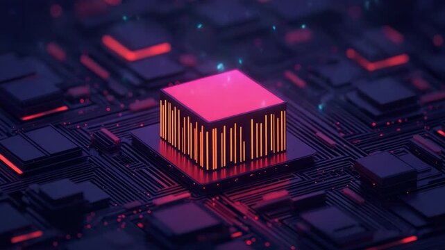 Abstract digital circuit with glowing cube, neon lights, and high-tech background for technology and innovation themes 4k video footage