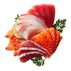 Sashimi slices arranged, white isolated background