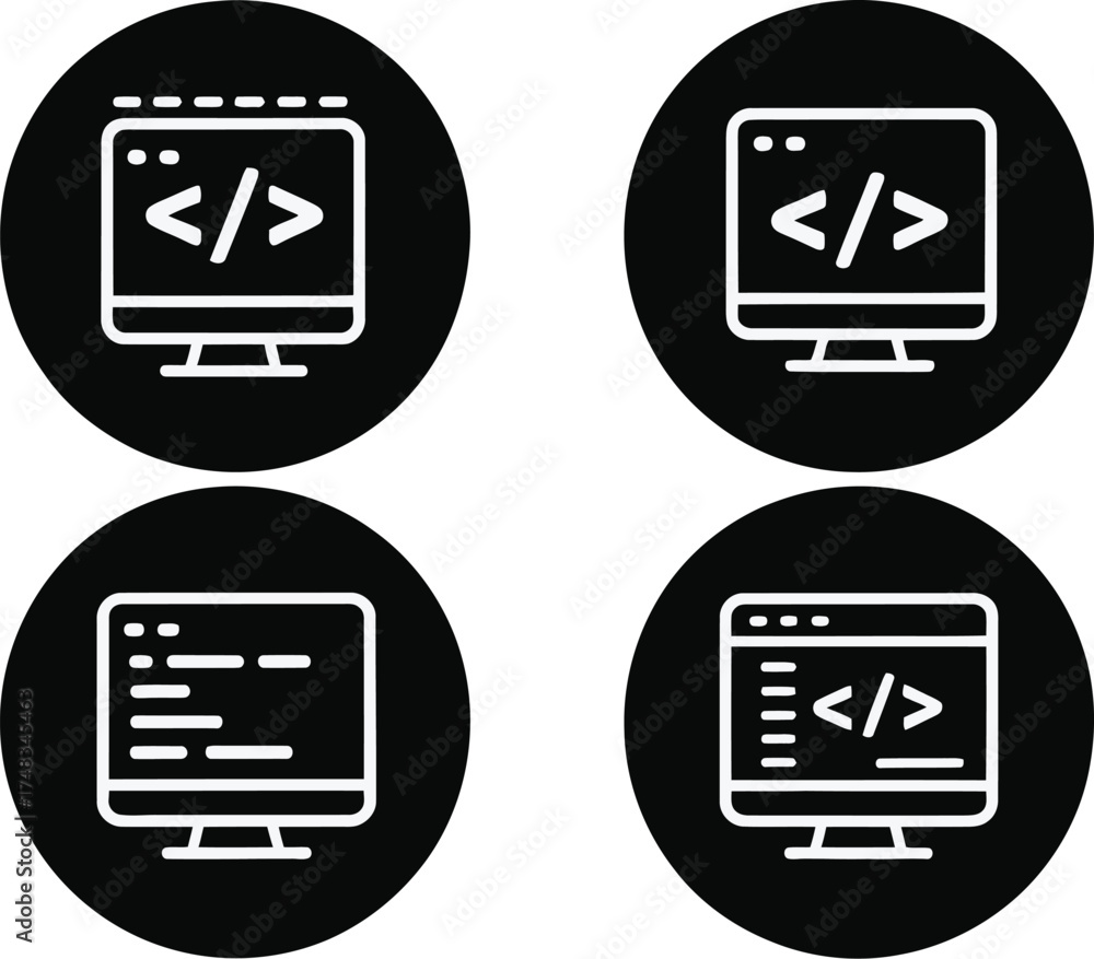 Wall mural four circular icons displaying computer screens with code symbols on them