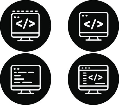 Four circular icons displaying computer screens with code symbols on them