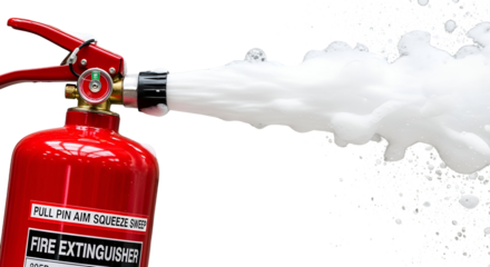 3d icon of fire extinguisher spraying foam isolated on transparent background, representing safety and emergency equipment