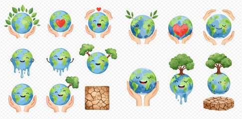 Cute cartoon Earth illustrations depicting environmental care, global warming, and nature conservation concepts.