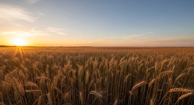 Golden wheat field illuminated by the setting sun with a clear sky
