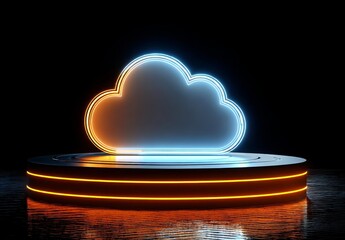 Neon cloud symbol illuminated on a glowing platform with reflective surface