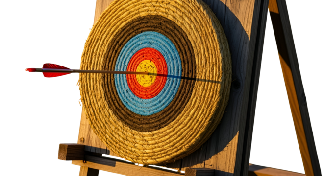 3d icon of arrow hitting center of archery target isolated on transparent background, representing goal achievement and accuracy