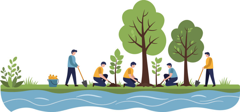 People planting trees by the riverbank