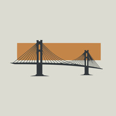 Minimalist Flat Design Suspension Bridge Vector Illustration with Muted Orange Background