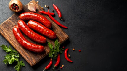 Grilled spicy sausages culinary kitchen food photography contemporary setting top-down view flavorful cuisine experience