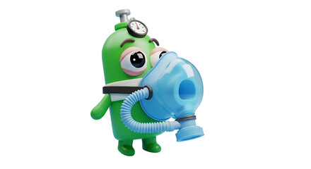 Obraz premium 3d icon of cartoon character wearing oxygen mask isolated on transparent background medical emergency and respiratory support