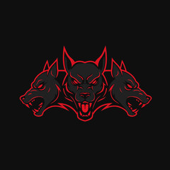 Fierce Three-Headed Cerberus Vector Illustration with Glowing Red Eyes and Bold Black & Crimson Detailing