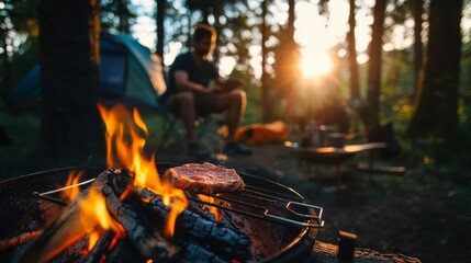 Fototapeta premium Campfire cooking adventure forest campground outdoor activity tranquil environment close-up view culinary experience