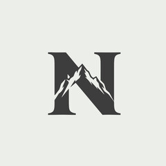 Minimalist Vector Illustration of Mountain Peaks Integrated into a Dark Gray Letter N Monogram Logo Design