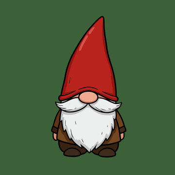 Charming Kawaii Garden Gnome Vector Illustration with Bold Red Hat and Fluffy White Beard