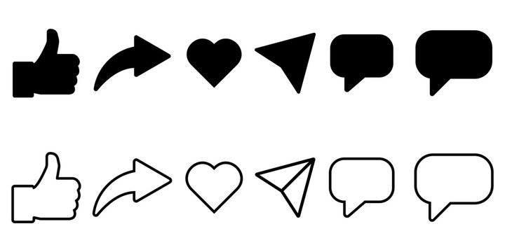 Social media icons like share heart comment and like symbols PNG