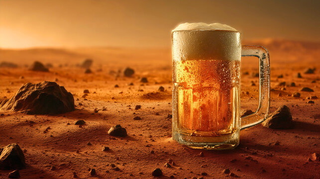 A cold mug of beer on the red surface of Mars, a surreal and absurd advertising concept for a brewery, a refreshing drink on a hot alien planet.