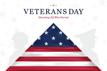 Vector banner with waving American flags for Veterans Day and patriotic USA holidays. USA background for celebration, honor and national pride events.