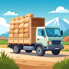 Truck carrying bags of goods on a scenic road