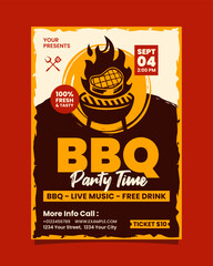 BBQ Party Time Vertical Portrait Flyer or Poster Red And Yellow Retro, BBQ invitation poster vector template design.