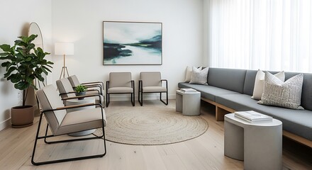 Modern Waiting Room Interior with Comfortable Seating and Natural Light.