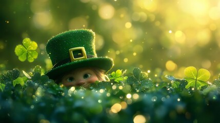A mischievous leprechaun hides amongst the shamrocks