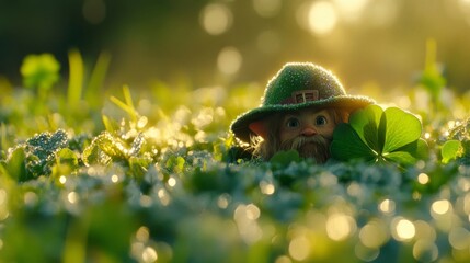 A Leprechaun Hiding in Dewy Green Clover