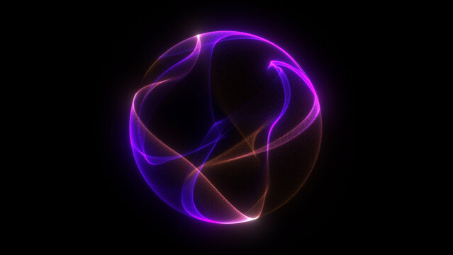 Shiny energy plasma particles orb on dark minimalitic business background. Gradient neon flowing magic sphere with purple and blue shiny waveforms. 4k 60fps looped graphic.	