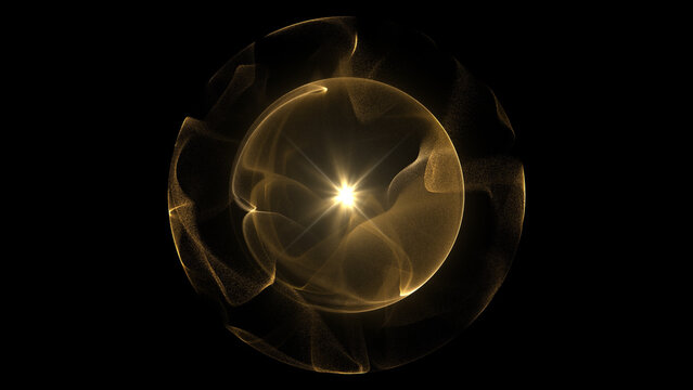 Abstract golden sphere composed of particles with distortion wave effects. Futuristic digital data splash with sparkling gold particles and glittering light. Perfect for luxury visuals, technology bac