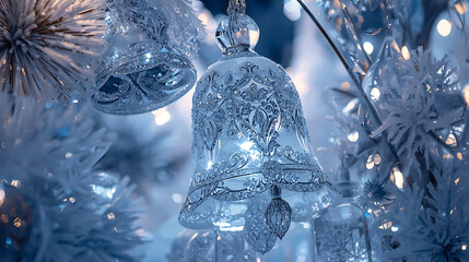 Crystal Bell Ornament with Ice Reflections and Winter Glow