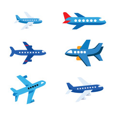 Airplane icon vector set with travel and aviation symbols silhouette design
