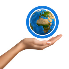World Diabetes Day symbol with a globe in a blue circle resting on a hand, promoting global health awareness.
